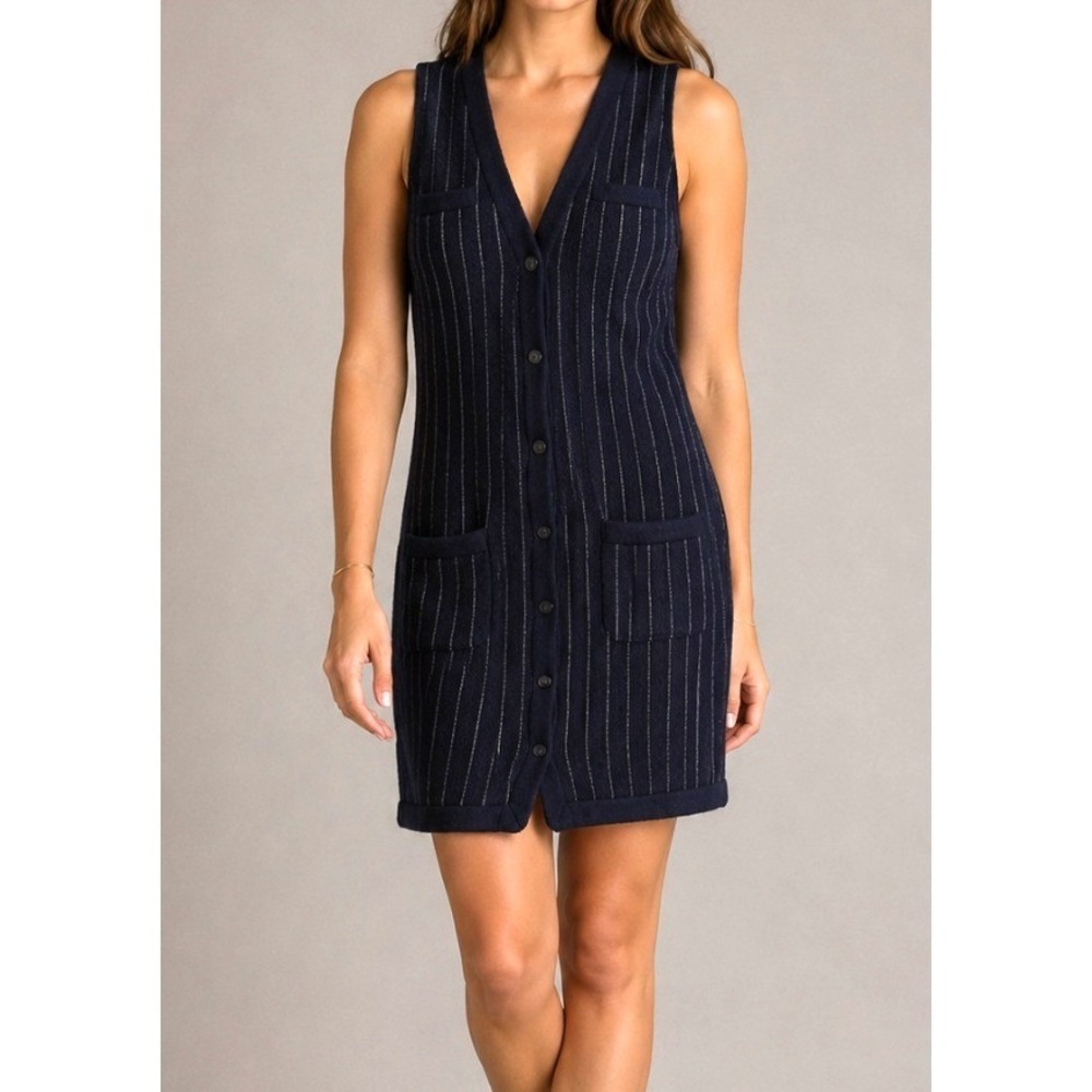 Ralph Lauren Rugby Navy Women Pinstripe Merino Lambswool Vest Sweater Dress S